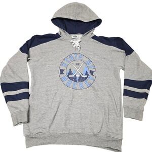 Minnesota State of Hockey Hoodie L NHL Lace Up Gray Blue Pullover Tie Y2K Sports